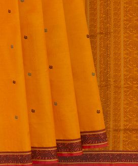 Mango Yellow Handwoven  Silk Cotton Saree With Gandaberunda motifs and Annam motifs in Border