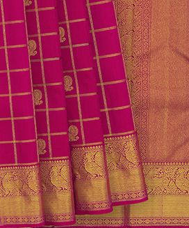 Pink-red Handwoven Kanchipuram Silk Saree With zari Checks and Annam Motifs