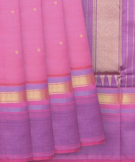 Hot Pink Handwoven Kanchipuram Silk Saree With Coin Butta & Zari Stripes in Border & Pallu