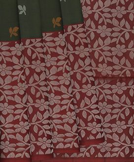 Sage Green Handloom Soft Silk Saree With Floral Butta & Red Border
