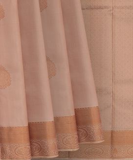 Baby Pink Handwoven Kanchipuram Silk Saree With Flower Butta & Mango Motifs In Copper Zari