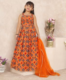 Orange multicolor printed and embroidered skirt set