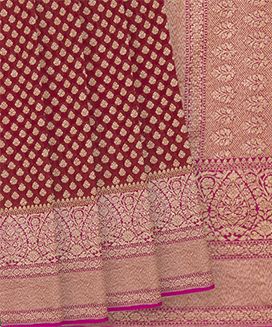Crimson  Handwoven Benaras Khaddi Georgette Saree With Contrast Pink Border