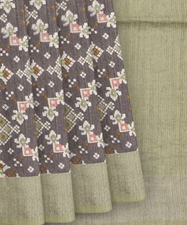 Grey Handwoven Printed Tussar Silk Saree With Geometric Motifs And Cardamom Green Pallu