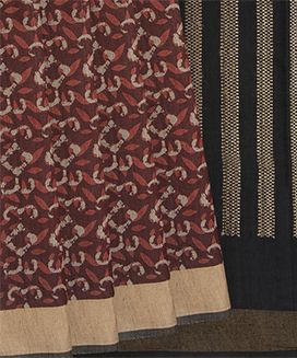 Brown Handwoven Keecha Printed Tussar Silk Saree With Balck Pallu