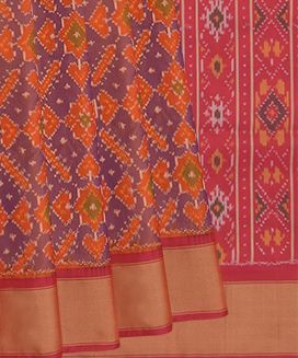Orange Handwoven Rajkot Patola Silk Saree With Diamond Motifs And Pink Border & Pallu