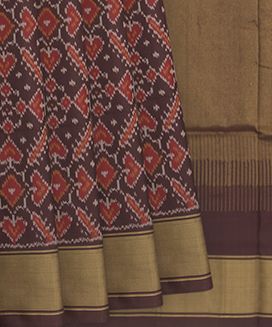 Brown Handwoven Rajkot Patola Silk Saree With Golden Zari Border