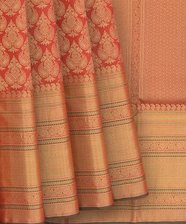 Red Handwoven Kanchipuram Silk Saree With Mango Motifs And Seer Border