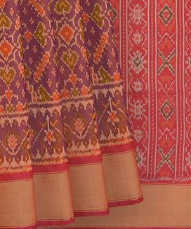 Orange Handwoven Rajkot Patola Silk Saree With Golden Zari Pink Border
