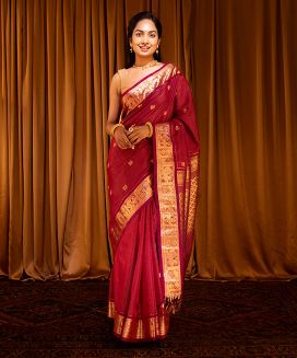 Crimson Handloom Silk Cotton Saree With Stripes & Buttas

