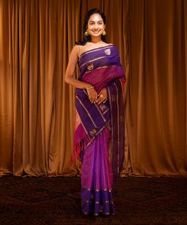 Purple Handloom Silk Cotton Saree With Checks
