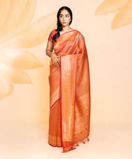 Red Handwoven Banarasi Organza Silk Saree With Floral Motifs