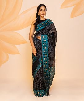 Black Handwoven Banarasi Organza Silk Saree With Diamond Motifs-Black