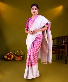 Pink & Purple Handloom Kanchipuram Korvai Silk Saree With Checks
-Pink