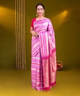 Lavender Handloom Kanchipuram Silk Saree With Stripes-Lavender