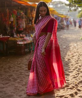 Pink Handloom Kadapa Cotton Saree With Checks
