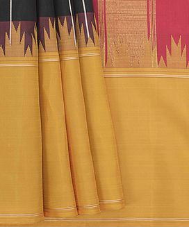 Black Handwoven Kanchipuram Silk Sari With Black Checks And Mustard Border 