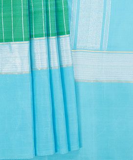 Green Handwoven Kanchipuram Korvai Silk Saree With Stripes & Light Blue Border 