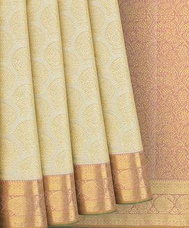 Cream Handwoven Kanchipuram Silk Saree With Gold Zari Buttas