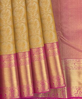 Sandal Shot With Gold Handwoven Kanchipuram Silk Sari With Contrast Pink Pallu