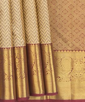  Sandal Handwoven Kanchipuram Silk Saree With Chevron Pattern