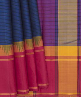 Blue Handwoven Kanchipuram Korvai Silk Saree With Stripes & Ganga Jamuna Border