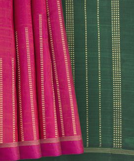  Pink Handwoven Kanchipuram Silk Saree With Gold Stripes And Rising Border Design And Green Pallu 