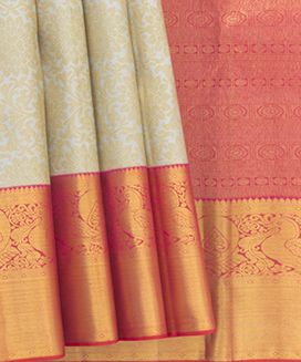 Grey Handwoven Kanchipuram Korvai Silk Saree With Floral Motifs 