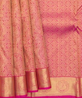 Pink Handwoven Kanchipuram Silk Saree With Annam & Elephant Motifs in Diagonal Checks