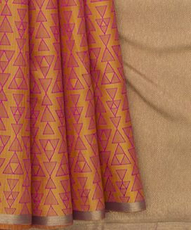 Mustard Handwoven Kanchipuram Silk Saree With Geometric Designs 