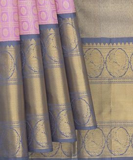 Lavender Handwoven Korvai Kanchipuram Silk Saree With Kamlam Motifs in Checks & Evening Morning Border