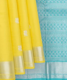 Lemon Yellow Handwoven Kanchipuram Silk Saree With Turquoise Pallu