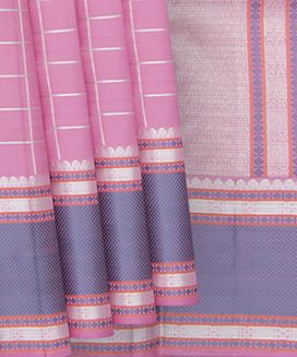  Pink Handwoven Kanchipuram  Silk Saree With Silver Zari Checks
