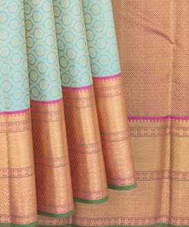 Turquoise Handwoven Kanchipuram Korvai Silk Saree With Kamalam In Jal Vine Motifs with Pink Border & Pallu