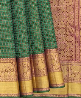 Bottle Green Handwoven Kanchipuram Silk Saree Kamalam Motifs in Zari Checks & Elephant motifs in Border & Pallu