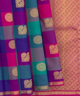Multicolored Handwoven Kanchipuram Silk Saree With Annam Chakram Motifs & Elephant motifs in Pink Pallu