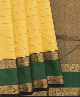 Yellow Handwoven Kanchipuram Korvai Silk Saree With Beldari Stripes And Animal Motifs On The Border