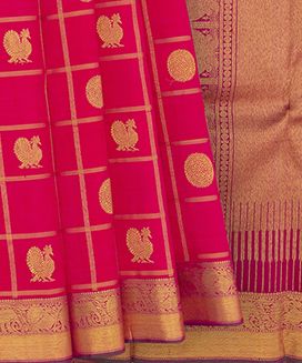 Pink Handwoven Kanchipuram Silk Saree With Annam Chakram Motifs in Zari Checks & Mango motifs in Pallu