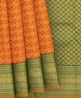 Orange Handwoven Kanchipuram Korvai Silk Saree With Annam Chakram Motifs