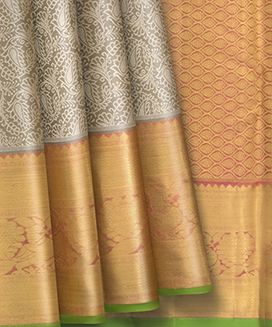 Grey Handwoven Kanchipuram Tissue Korvai Silk Saree With Floral Motifs