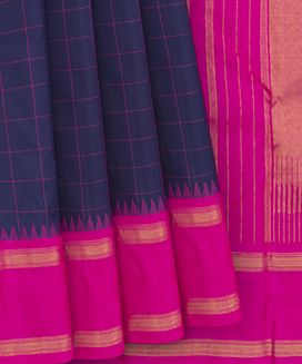 Blue Handwoven Kanchipuram Korvai Silk Saree With Pink Checks & Zari Border
