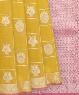 Mango Yellow Handwoven Kanchipuram Silk Saree With Silver Zari Checks And Gandabaerunda Motifs
