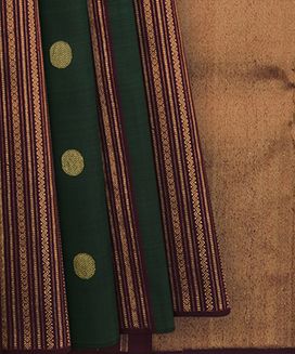 Bottle Green Handwoven Kanchipuram Silk saree With Zari Stripes And Coin Motifs in Zari