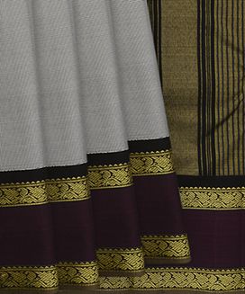 White Handwoven Kanchipuram Korvai Silk saree With Black silk thread micro-checks and Maroon Border