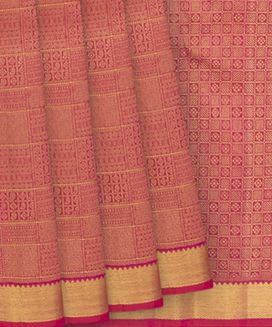 Pink Handwoven Kanchipuram Silk Saree With Paisley and Small Motifs in Golden Zari Checks
