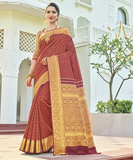 Maroon Handwoven Kanchipuram Natural Dyed Silk Saree With Floral Vine Motifs