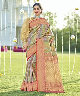Multi Colour Handwoven Kanchipuram Tissue Silk Saree With Pink Border