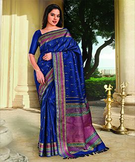 Indigo Blue Handloom Kanchipuram Natural Dyed Silk Saree With Jasmine bud Motifs