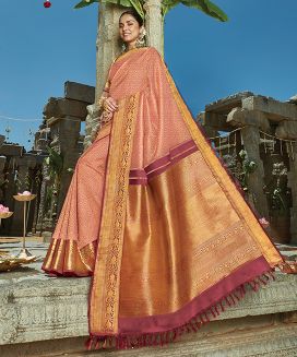 Pink Handloom Natural Dyed Kanchipuram Tissue Silk Saree With Kamalam Motifs