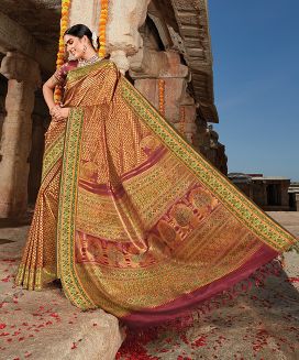 Crimson Handloom Natural Dyed Kanchipuram Revival Silk Saree With Paithani Inspired Meenakari Motifs